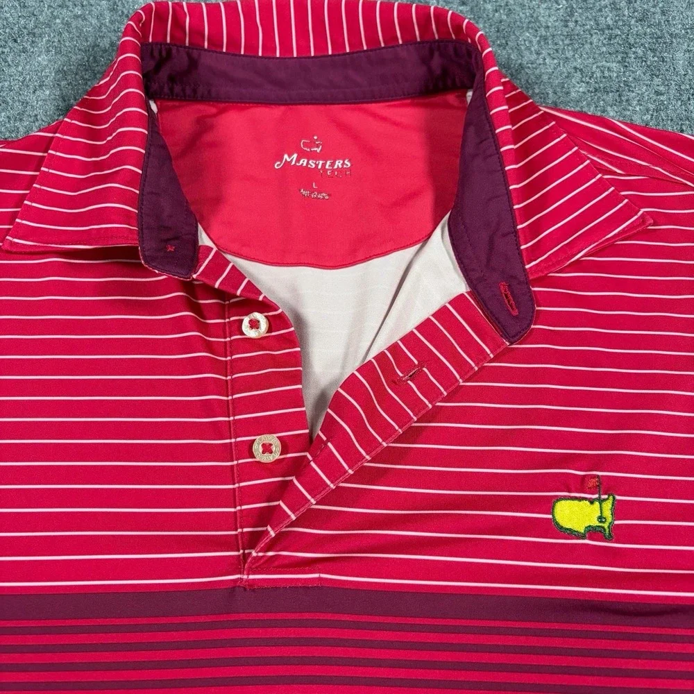 Masters Tech Golf Polo Mens Large Red Striped Performance Augusta Logo